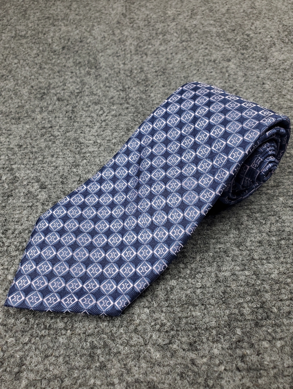 Celine Tie Monogram Geometric Circles Woven Silk Luxury Designer Formal Blue